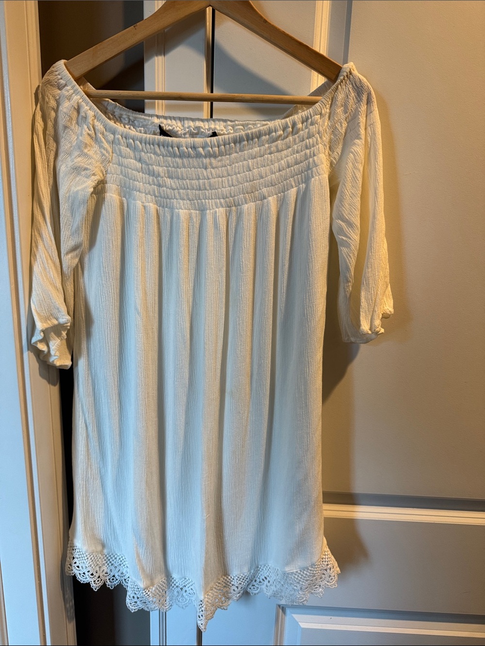 Off-Shoulder White Peasant Dress with Lace Hem